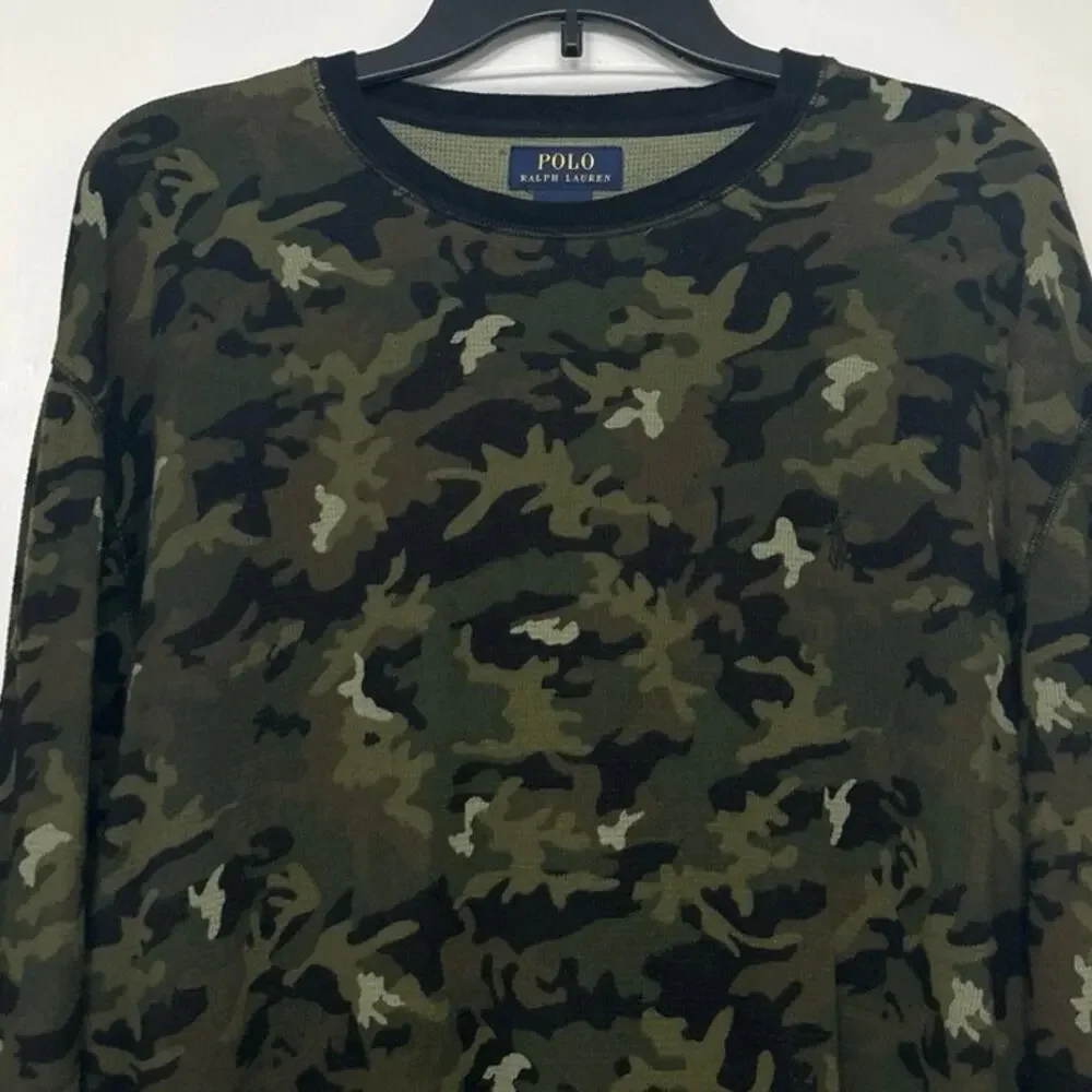 Polo Ralph Lauren Fitted Camo Waffle Knit Thermal Shirt XL Y2K Grunge Streetwear